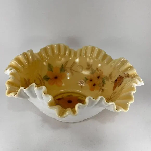 VTG Fenton Honey Amber Floral Butterfly 7224 Brides Bowl 10" Ruffled Edge 80's